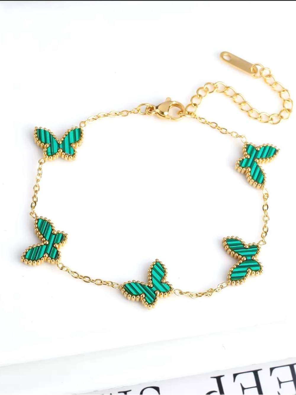 Gold Butterfly Bracelet with Green Enamel Accents